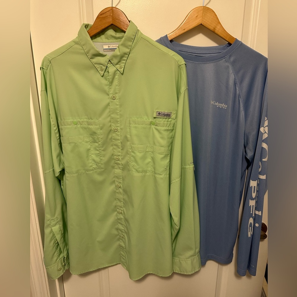 2 men’s XL Columbia long performance shirts. long sleeve tshirt & button down